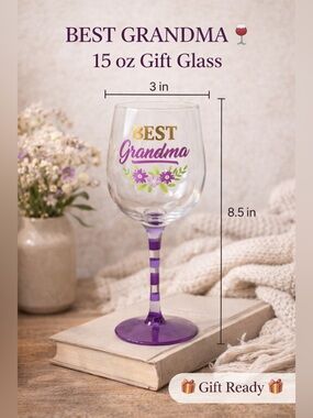 Best Grandma Wine Glass Gift 15 oz Purple Stem Floral Design